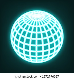 Globus linear sign. Cyan neon icon in the dark. Bluring. Luminescence. Illustration.