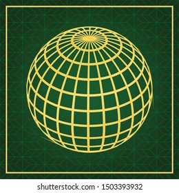 Globus linear sign. Golden icon with gold contour at dark green gridded white background. Illustration.