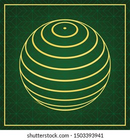 Globus linear sign. Golden icon with gold contour at dark green gridded white background. Illustration.