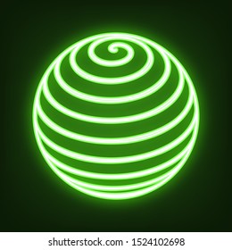 Globus linear sign. Green neon icon in the dark. Blurred lightening. Illustration.