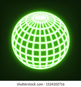 Globus linear sign. Green neon icon in the dark. Blurred lightening. Illustration.