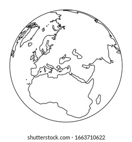 Globus planet earth with the continents of Africa and Eurasia from black contour curves lines on white background. Vector illustration.