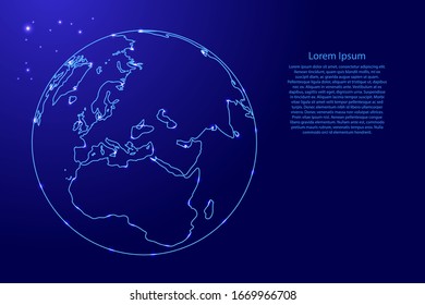 Globus planet earth with the continents of Africa and Eurasia from the contours network blue, luminous space stars for banner, poster, greeting card. Vector illustration.