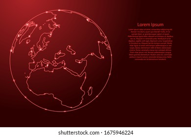 Globus planet earth with the continents of Africa and Eurasia from the contours network red, luminous space stars for banner, poster, greeting card. Vector illustration.