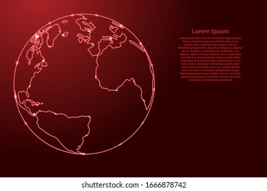 Globus planet earth with the continents of Atlantic, America, Africa from the contours network red, luminous space stars for banner, poster, greeting card. Vector illustration.