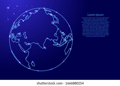 Globus planet earth with the continents of Eurasia, Africa and Australia from the contours network blue, luminous space stars for banner, poster, greeting card. Vector illustration.