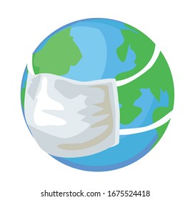 globus planet earth with coronavirus covid with face mask virus respirator on white background 2020