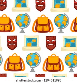 Globus and world map backpack and old totem mask traveling vector seamless pattern rucksack and navigation tools ancient wooden relic endless texture exploration and discovery journey or trip.