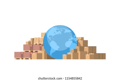 globus world map parcel packages paper box isolated white background international delivery industrial concept flat horizontal vector illustration