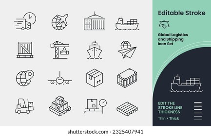 Glocal Logistics and Shipping Icon collection containing 16 editable stroke icons. Perfect for logos, stats and infographics. Edit the thickness of the line in any vector capable app.