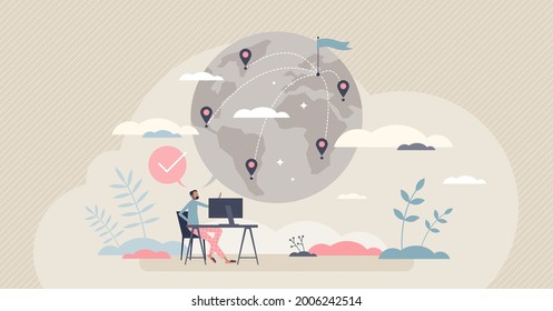 Glocalization as market trade adaption to local customers tiny person concept. Product customization to cover multiple cultures around globe vector illustration. International business management.