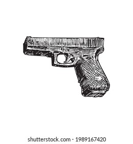 Glock 22,  Gravure Style Ink Drawing Illustration Isolated On White