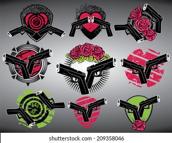 glock gun bullets and decorative flowers grungy background 