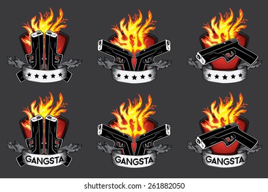 Glock pistola arma fuego llamas fondo papel pergamino Ilustración vectorial