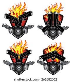 glock pistol weapon fire flames background vector illustration