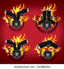 glock weapon design and fire flames grungy background