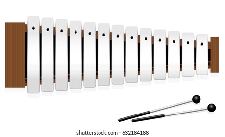 Glockenspiel or metallophone with thirteen metal bars and two percussion mallets - top view - isolated vector illustration on white background.