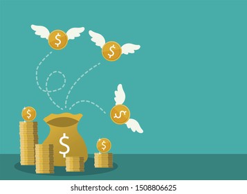 gloden coin flying from sack, vector, illustration