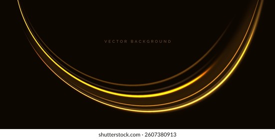 Gloden curved glowing overlapping on dark background. Luxury glod neon light ray. Vector illustration