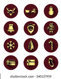 Gloden flat icons of Santa claus and Christmas Day