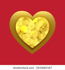 Gloden heart on red background. Greeting card design for Happy Valentines Day celebration. 
