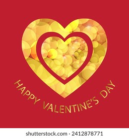 Gloden heart on red background. Greeting card design for Happy Valentines Day celebration. 