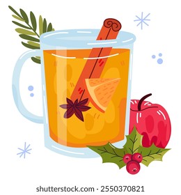 Glogg. Christmas hot drink Mulled wine slice of orange in a glass and with decorations. Cozy vector illustration of hot wine. Winter alcoholic drink. Hand drawn design element for label and poster.