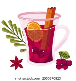 Glogg. Christmas hot drink Mulled wine slice of orange in a glass and with decorations. Cozy vector illustration of hot wine. Winter alcoholic drink. Hand drawn design element for label and poster.