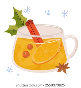 Glogg. Christmas hot drink Mulled wine slice of orange in a glass and with decorations. Cozy vector illustration of hot wine. Winter alcoholic drink. Hand drawn design element for label and poster.