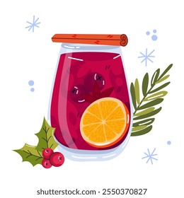 Glogg. Christmas hot drink Mulled wine slice of orange in a glass and with decorations. Cozy vector illustration of hot wine. Winter alcoholic drink. Hand drawn design element for label and poster.