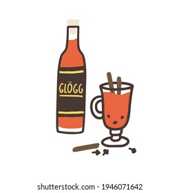 Glogg or Nordic traditional alcoholic drink from wine and winter spices. Bottle and glass of Swedish beverage. Colored flat vector illustration isolated on white background