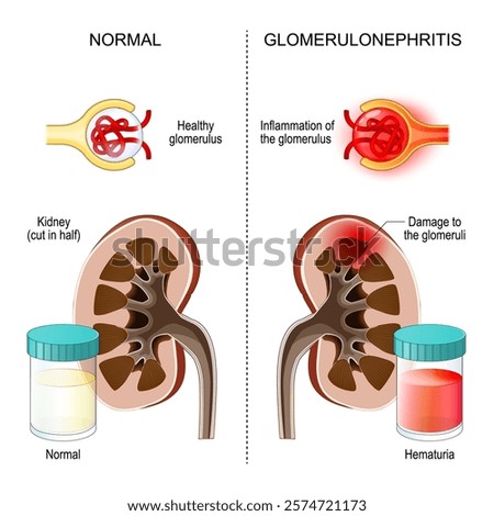 Glomerulonephritis. Kidney inflammation. Close-up of Glomerulus. Kidneys disease. Cross section of a human kidneys. containers with healthy urine and Hematuria. Vector illustration. Medical poster