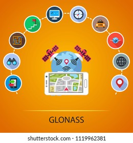 Glonass flat icons concept. Vector illustration. Element template for design.