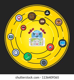 Glonass flat icons concept. Vector illustration. Element template for design.