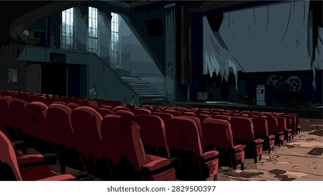 Gloomy Abandoned Cinema with Worn Red Seats and Stage