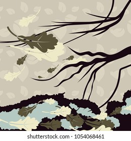 A gloomy background with a branch of a tree and fallen leaves in late autumn. Vector illustration