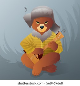 Gloomy bear plays the balalaika. Vector illustration