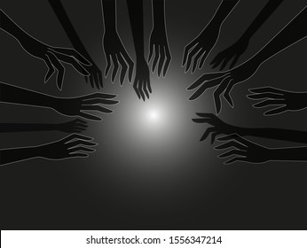 Gloomy black hands stretch toward the center. Concept: fear, phobia, fear of the stage, public speaking, nightmares, claustraphobia, fear of the dark, fear of parents, enemies, staff.