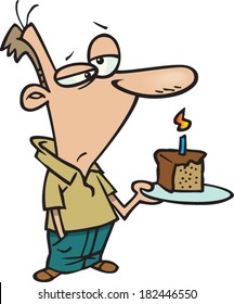 gloomy cartoon man holding a birthday cake