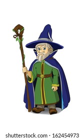 Gloomy Cartoon Wizard with staff.Vector illustration.
