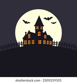 Gloomy castle against the backdrop of the moon with bats. Vector Halloween illustration
