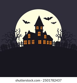 Gloomy castle, cemetery against the backdrop of the moon with bats. Halloween vector illustration