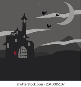 A gloomy castle in Halloween on the background of mountains and the moon with bats