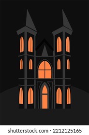 Gloomy castle with luminous windows, night. Gothic architectural style, Halloween illustration. Modern print, isolated object. Middle Ages in Western Europe.