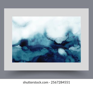 Gloomy composition with blue strokes paint of different tones on wall art. Watercolor artwork. Print with minimalistic work by artist depicting abstract dark subjects, in frame with decor for poster