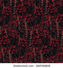 Gloomy and dark floral pattern. Bright red flowers surrounded by dark foliage, twigs, spikelets of wheat. Gothic atmosphere. Imitation of watercolor, seamless vector pattern.