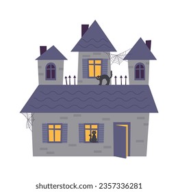 Gloomy dark Halloween house with black cats. Halloween concept.