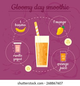 Gloomy day smoothie recipe. Menu element for cafe or restaurant with energetic fresh drink. Fresh juice for healthy life.