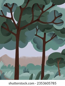 Gloomy dramatic nature, leaf trees. Dark landscape in overcast bad weather. Melancholy mood, sadness, depressive natural scenery. Vertical card background. Flat vector illustration