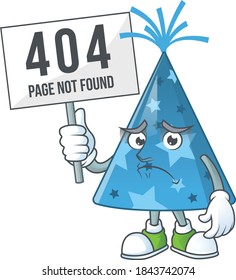 gloomy face of blue party hat cartoon character with 404 boards. Vector illustration